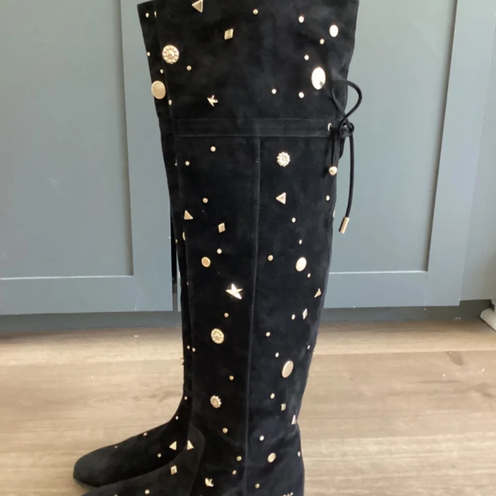 REDUCED ROGER VIVIER Embellished Studded Accent Black Suede OTK Boots Size 37 7
